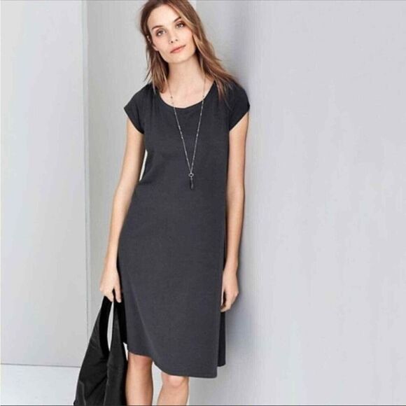 EILEEN FISHER Gray Organic Cotton Round Neck T-Shirt Dress Size Petite Small - Picture 1 of 7